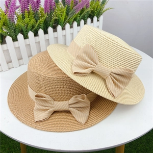 Boater Straw Sun Hat For Women With Large Striped Ribbon Bow Summer Beach Sun Protection Woven Wide Brim Travel Hat