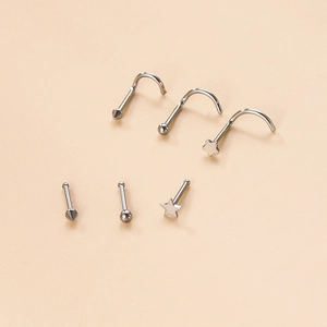 6-teiliges Nasenstecker-Set aus silbernem Edelstahl mit Kegel-, Kugel- und Sternform