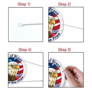 Detail guide showing silver chain assembly for eagle and US flag acrylic hanging ornament