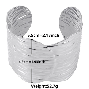 Polished silver textured wave pattern open bangle bracelet in stainless steel