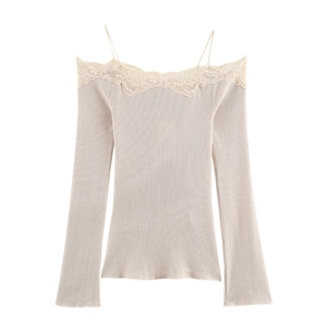 Damen Schulterfreies Oberteil Mit Spitzenbesatz Gerippter Strick Langarm Schlanker Eleganter Pullover