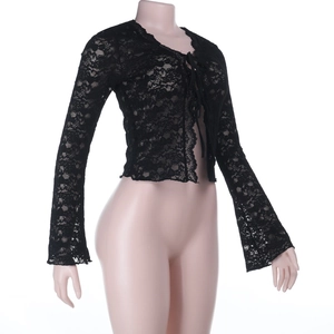 Detailed macro of black floral lace texture and flared bell sleeve on cropped cardigan