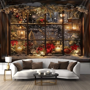 Cozy living room interior featuring a vintage Christmas window backdrop with candles