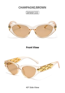 Detail view of cat-eye sunglasses featuring champagne frames and gold diamond-shaped studs