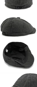 Macro view of dark grey herringbone newsboy cap with classic lining and fabric details