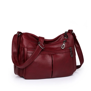 Large burgundy multi-pocket shoulder bag in lychee pattern faux leather for women