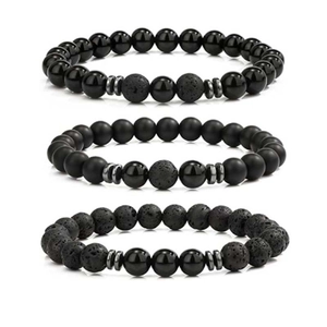 Three-piece set of 8mm black and gray tiger eye stone bead bracelets with elastic cord