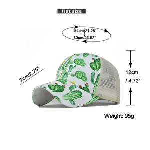 Size chart for ponytail baseball hat showing 54-60cm circumference and cactus pattern