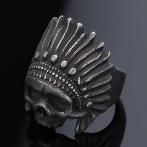 Vintage stainless steel skull ring with Indian feather headdress in punk biker style