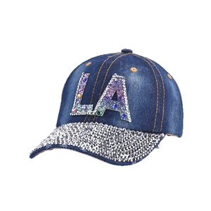 Denim baseball cap with rhinestone LA logo and sparkling brim for outdoor fashion
