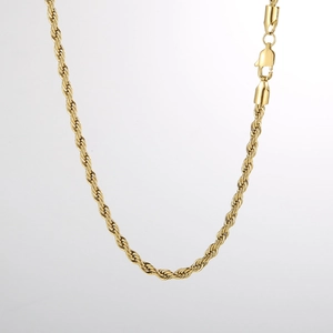 Detailed close-up of golden twist rope chain necklace featuring a secure lobster clasp