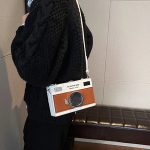 Retro creative mini camera-shaped crossbody bag in white and brown with a chain strap