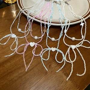 Bugle Seed Bead Double Layer Necklace With Imitation Artificial Pearl Bowknot Heart And Star Pendant Sweet Elegant Style For Women