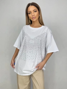 Oversized λευκό βαμβακερό γυναικείο T-shirt με σχέδιο SOPHI από ασημί στρας