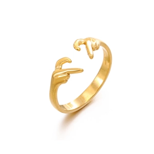 Minimalist 18K gold plated stainless steel heart hands open ring for women on white background