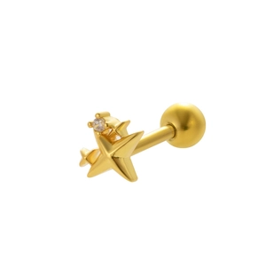 Detailed side view of a gold-plated stainless steel star stud earring with a center zircon