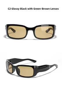Detail view of C2 glossy black frame Y2K sunglasses with greenish brown lenses