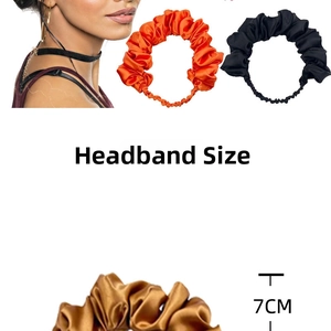 Detail view of 7cm wide pleated satin scrunchies showing fabric texture and size dimensions