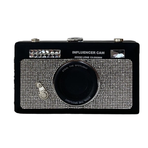 Sparkly black rhinestone camera shaped clutch bag with luxury chain strap for women