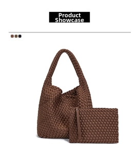 Detailed close-up of dark brown woven neoprene hobo bag and matching zip pouch