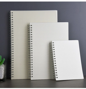 Minimalist spiral grid notebooks with frosted PP covers in A4, B5, and A5 size comparison