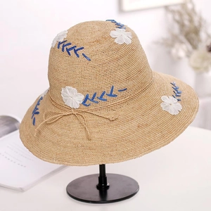 Women Straw Sun Hat With White Fabric Flowers Blue Embroidery Wide Brim Breathable Summer Vacation Beach Bucket Hat