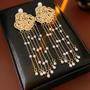 Neo-Chinese Retro Hollow Cloud Tassel Earrings Alloy Rhinestone Imitation Artificial Pearl With 925 Sterling Silver Earring Post
