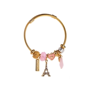 Adjustable gold charm bracelet with pink heart, Eiffel Tower, and crystal pendants