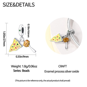 Detailed size chart for pizza and honey wand charms with silver enamel finish