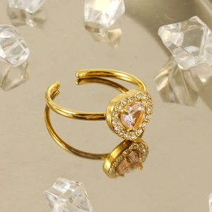 Adjustable 18K gold plated stainless steel ring with pink heart zircon and double-layer stones