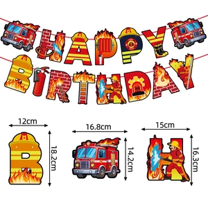 Firefighter themed Happy Birthday banner set with firetruck elements and size details