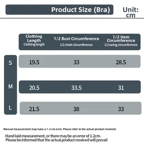 Size guide table for seamless sports bra with chest and length measurements in cm