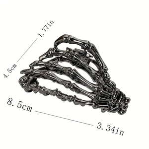 Gunmetal skull hand hair claw clip for Halloween buns, 8.5cm metal skeleton jaw hair grip
