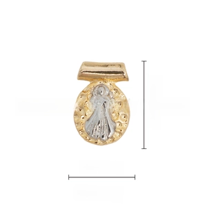 Detailed size view of 18k gold plated religious pendant measuring 13.5mm by 9.2mm