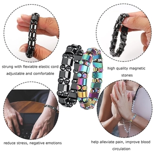 Infographic showing two magnetic stone yoga bracelets with flexible elastic cord and details