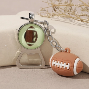 Creative American football bottle opener keychain with glass inlay and 3D silicone pendant