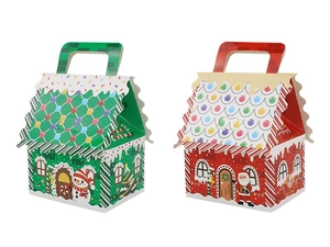 Detail of red Santa and green Snowman house-shaped Christmas candy boxes with handles