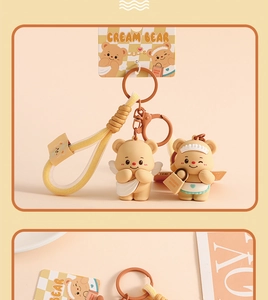 Close-up of Cream Bear keychain figures featuring angel wings and shopping bag details