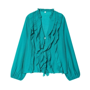 Lake blue long sleeve shirt with layered ruffle trim on front and subtle glossy finish