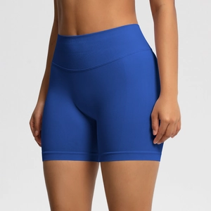 Vue détaillée du short de yoga sans couture bleu roi à taille haute avec bande de compression