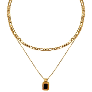 Double-layered golden Figaro chain necklace with a black rectangular pendant
