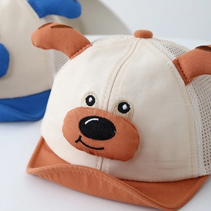Toddler summer mesh sun hat with cute 3D bear ears and cartoon dog embroidery