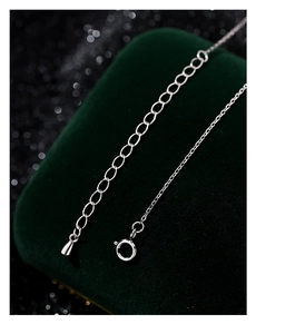 Macro view of sterling silver extension chain with spring clasp and teardrop pendant