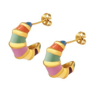 Retro C-shaped gold hoop earrings with multi-colored striped enamel finish in a pair