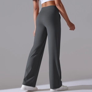 Deep grey high-waisted wide leg yoga pants with side pockets shown from a back view