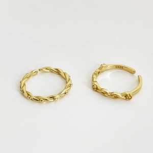 Adjustable S925 sterling silver open rings in gold finish with woven and twisted rope designs
