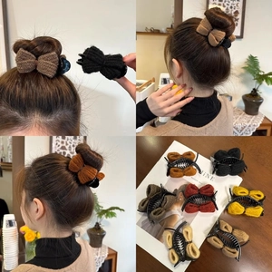 Knitted bow claw clips for women showing multiple colors on hair and flat lay view