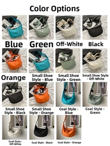 Nylon crescent dumpling bags shown in multiple colors with various decorative charms