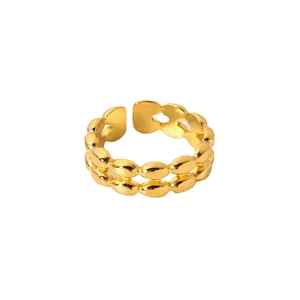 18K gold-plated double-layered oval bead stainless steel open ring for women