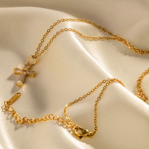 18K gold plated stainless steel necklace with a rectangular white zircon cross pendant